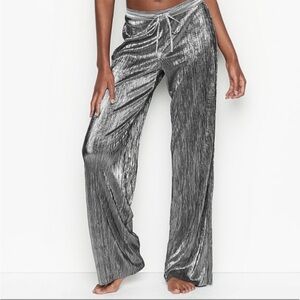 Victoria Secret Drawstring silver metallic plisse Shimmer Pant size large nwt
